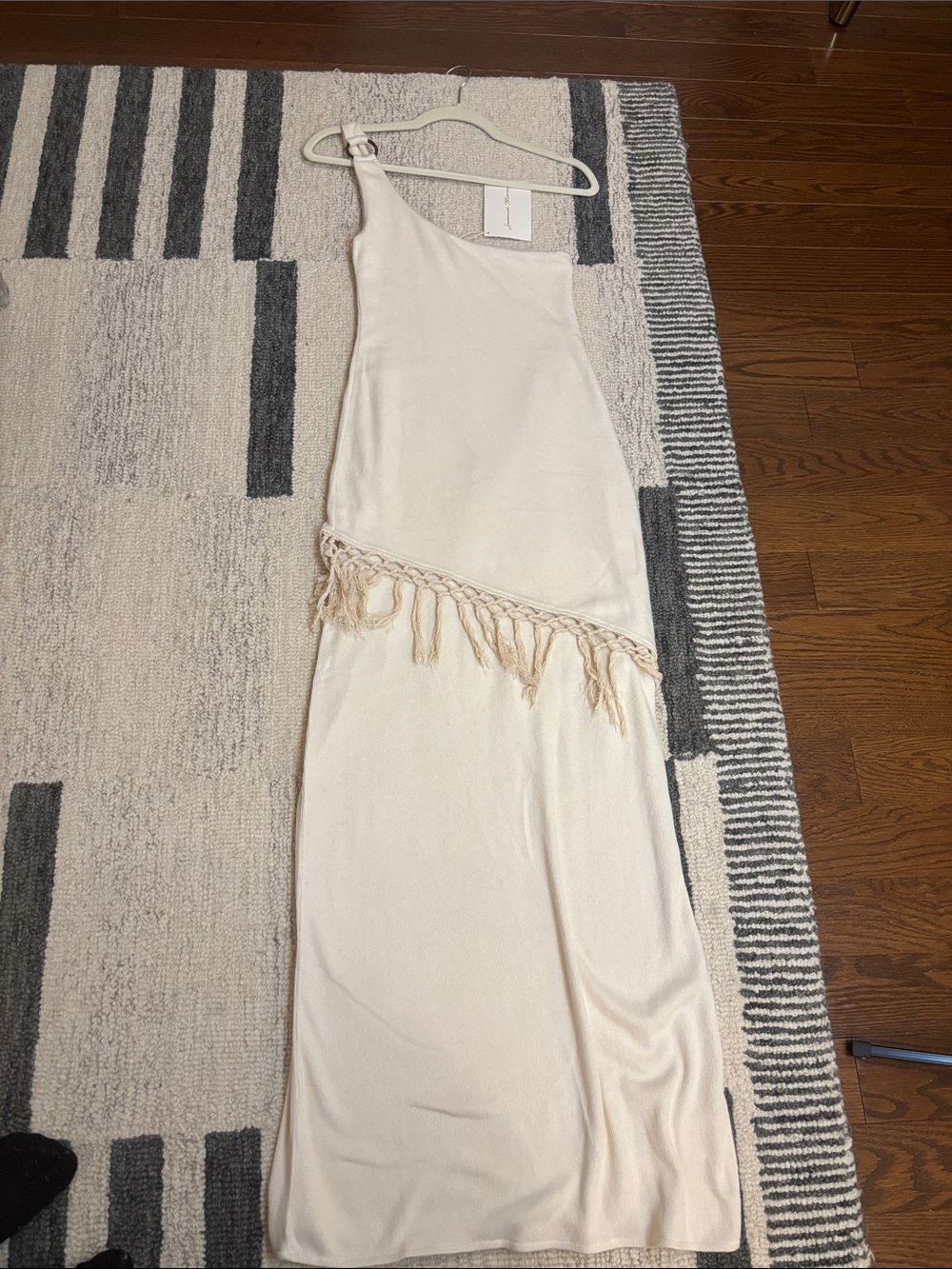 Cream One Shoulder Maxi Dress Fringe Trim